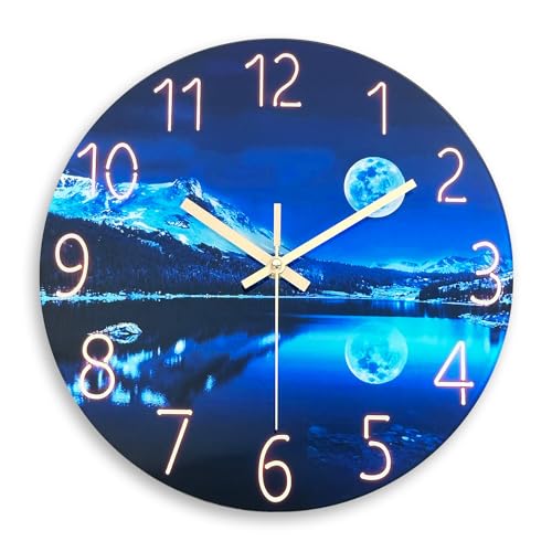 Constantplanet Glass Wall Clocks Battery Operated 16 Inches or Larger - Blue Moon Clock for Kitchen Living Room Bedroom Slient Wall Clock Non Ticking
