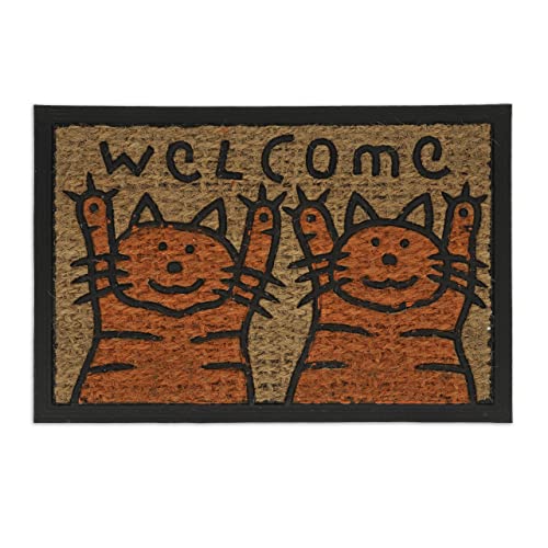 Relaxdays Welcome Cats Cute Kitties Doormat Coir, 40 x 60 cm, Door Mat Inside & Outside, Non-Slip Wiper, Coir/Black
