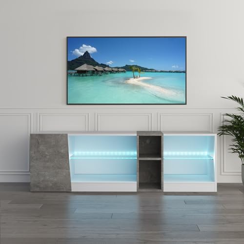 Mondeer TV Unit, TV Stand Cabinet with Led Lights 5 Open Compartments and 1 Door, for 55inch TVs, for Living Room and Bedroom, W140 x H45 x D37.5 cm, White and Grey