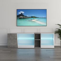 Mondeer TV Unit, TV Stand Cabinet with Led Lights 5 Open Compartments and 1 Door, for 55inch TVs, for Living Room and Bedroom, W140 x H45 x D37.5 cm, White and Grey