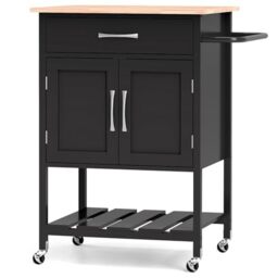 GiantexUK Kitchen Island Cart, Wooden Kitchen Storage Trolley with 2-Door Cabinet, Large Drawer, Bottom Tray & Towel Rack, Rolling Utility Cart on Wheels for Dining Living Room Restaurant (Black)