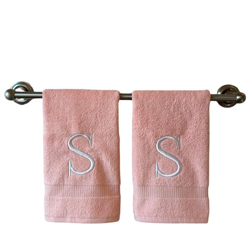 Pink with White Monogrammed Hand Towels for Bathroom - Set of 2 Letter S - Luxury Hotel Quality Initial Towels For Powder Room, Spa, GOTS Organic Certified