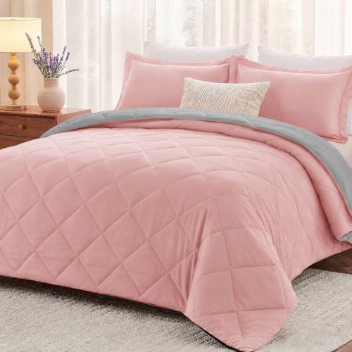 "downluxe King Size Comforter Set - Pink and Grey King Comforter, Soft Bedding Sets for All Seasons -3 Pieces - 1 Comforter (104""x92"") and 2 Pillow Shams(20""x36"")"