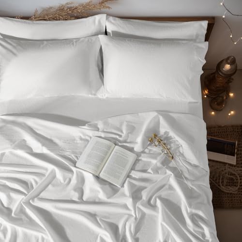 "LBRO2M 100% Pure Linen Sheet Set Deep Pocket Up to 16"" Bed Sheets Sets, Natural Flax Beddings Soft, Breathable, Comfortable for All Seasons 6 Pcs Sheet Set King Size, White"
