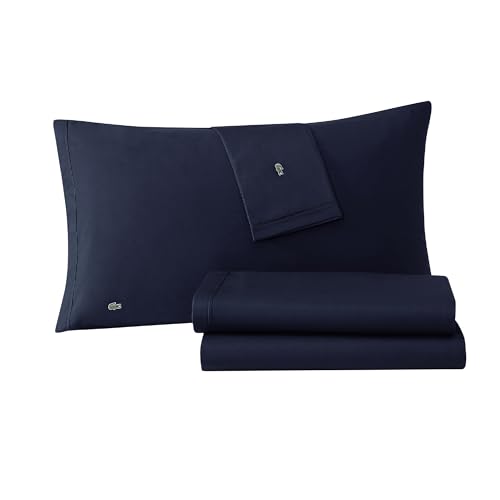 Lacoste 100% Cotton Percale Duvet Cover Set, 4 Piece Bedding Set, Fresh, Clean, Matte, Durable, Oeko-Tex Certified, Solid, Navy, Double