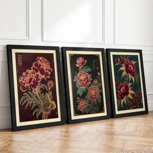 Peony Elegance Triptych Botanical Set of 3 Framed Wall Art Prints A4