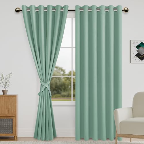 DWCN Blackout Curtains for Bedroom with Tiebacks - Room Darkening Privacy Grommet Top Window Curtains for Living Room, 70 x 84 inch Length,Sage Green,Set of 2 Panels