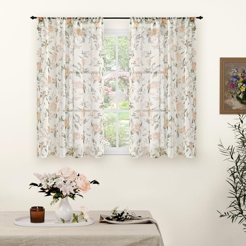 Lajode Sheer Curtains 45 Inch Length 2 Panels, Floral Patterned Linen Look Semi-Sheer Light Filtering Farmhouse Curtains for Bedroom Window, Rod Pocket, Champagne Beige, Each 52 Inch Wide