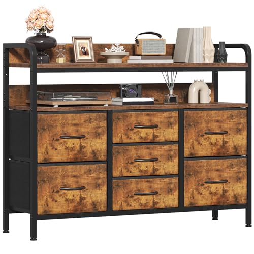 GoaHi Chest of Drawers Bedroom, 7 Fabric Drawers with 2 Layers Shelf, Storage Organizer Unit for Bedroom Living Room Closet, Sturdy Steel Frame & Wooden Top, Fabric Dresser, Rustic Brown