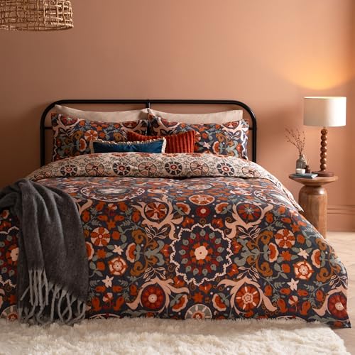 furn. Kinfolk Duvet Cover Set – Reversible Suzani Inspired Floral Geometric Tile Cotton Blend Easy Care Bedding (Denim Blue - Super King)