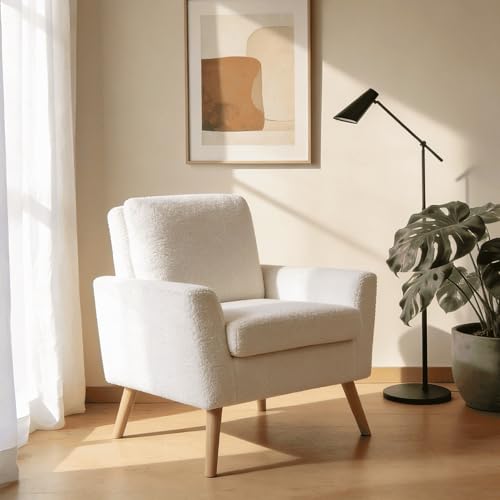 Home Source Elmwick Boucle Armchair with Rubberwood Legs - 77W x 75D x 89H cm - Compact Reading Seat for Bedroom or Living Room