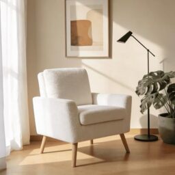 Home Source Elmwick Boucle Armchair with Rubberwood Legs - 77W x 75D x 89H cm - Compact Reading Seat for Bedroom or Living Room