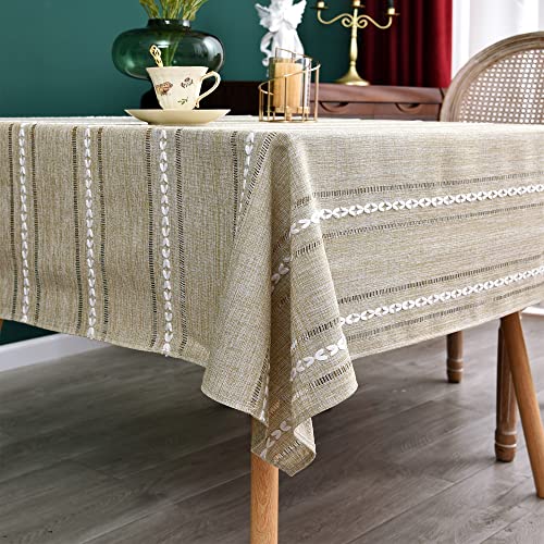 NEWISHER Farmhouse Embroidered 70x70 Inch Square Tablecloth Linen Texture - Yellow Square Table Cloth, Rustic Jacquard Striped Tablecloth, Washable Dining Table Cover for Kitchen Home Decoration