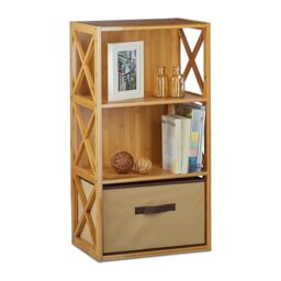 Relaxdays Bamboo Shelf with Basket, 3 Tiers, Wooden Freestanding Bathroom Rack, Folding Drawer Box, HxWxD: 80 x 42 x 29 cm, Natural Brown