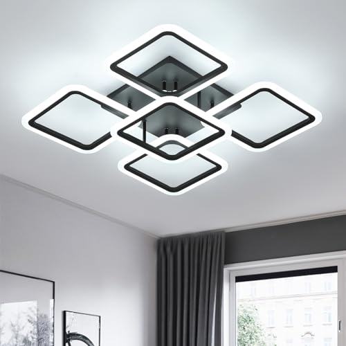Comely LED Ceiling Lights, 61W 7000LM Black Ceiling Lamp Modern - 5 Square Chandeliers 6500K Lighting Fixture for Living Room, Kitchen, Hallway