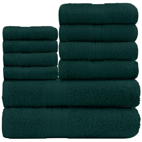 GC GAVENO CAVAILIA 10 Piece Towel Bale Set - Quick Drying Cotton Towel Highly Absorbent 450 GSM Dark Green Towels Set - Bathroom Towels Bale Set 4x Face 4x Hand 2x Bath Towels
