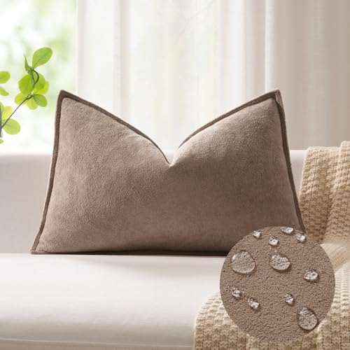 Kevin Textile 16x24 Inch Lumbar Pillow Cover 1 Pack Soft Boucle Textured Decorative Waterproof Rectangle Cushion Elegant Accent Pillow for Couch Sofa Chair Bed Home Decor Indoor Outdoor Taupe