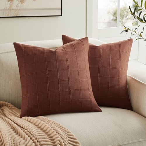 ZeeMart Linen Checked Throw Pillow Covers Set of 2, 18x18 Inch Terracota/Cream, Farmhouse Decorative Single Sided Grid Embroidered Couch Pillow Cases Rust Cotton Linen Cushion Covers