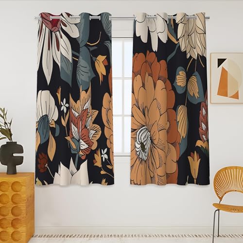 Tyrot Black Boho Style 100% Blackout Curtains, 114 cm Long, 2 Panels, Modern, Botanical with Eyelets, Thermal Insulated Blackout Curtains for Kitchen, W 52 cm x L 45 cm