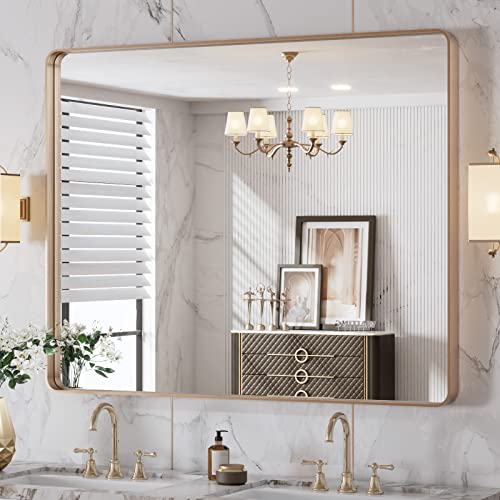 "LOAAO 40""X32"" Gold Bathroom Mirror, Rounded Rectangle Gold Frame Mirror, Brushed Gold Bathroom Vanity Mirror Wall-Mounted, Anti-Rust, Tempered Glass, Hangs Horizontally or Vertically"