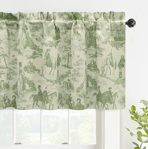 DriftAway Toile Linen Lined Valance Double Layer Thermal Room Darkening Blackout Window Curtain for Kitchen Bathroom Farmhouse French Country Vintage Printed Pattern Single 52 x 24 Inch Loden Green