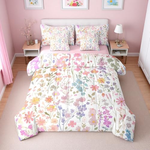 Erosebridal 7 Piece Cute Pink Floral Comforter Set Full with Sheets,Boho Colorful Flower Bedding Set for Kids Girls Women,Bohemian Wildflower Bed Set Rustic Flowers Bed in a Bag with Pillowcases