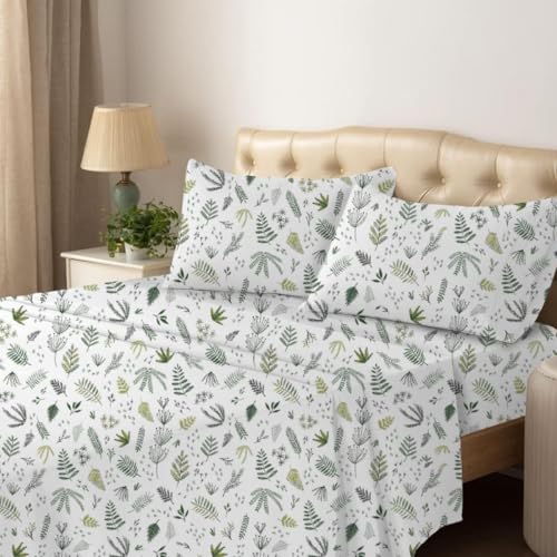 Shreem Linen Queen Sheet Set - 4 Piece Bedding - Brushed Microfiber Soft Sheets for Queen Size Bed with Flat,Fitted Sheet,2 Pillow Cases (Leafy Tranquil)