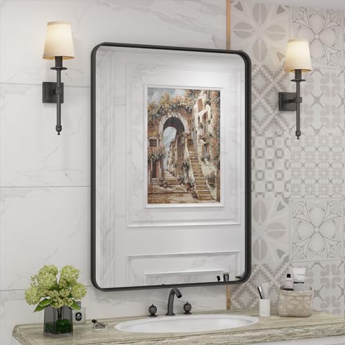 CHARMOR 22x30 Inch Black Metal Framed Bathrrom Mirror for Wall, Matte Black Rectangle Mirror, Rounded Corner, Anti-Rust (Horizontal/Vertical)