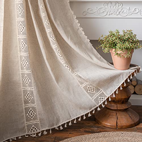 "Sutuo Home Boho Curtain Semi-Blackout Crochet Hollow Lace Patchwork with Textured Linen Fabric, Handmade Tassels Rod Pocket Bohemian Window Drapes for Living Bedroom, 59"" W x 84"" L, 1 Panel"