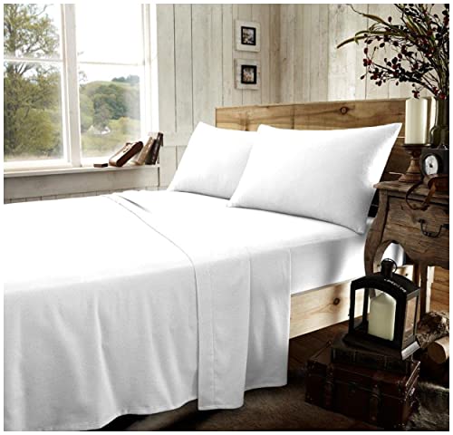 GC GAVENO CAVAILIA Brushed Cotton Bed Sheets, Flannelette Fitted Sheet With Pillowcases, Plain Flat Sheet Double, White