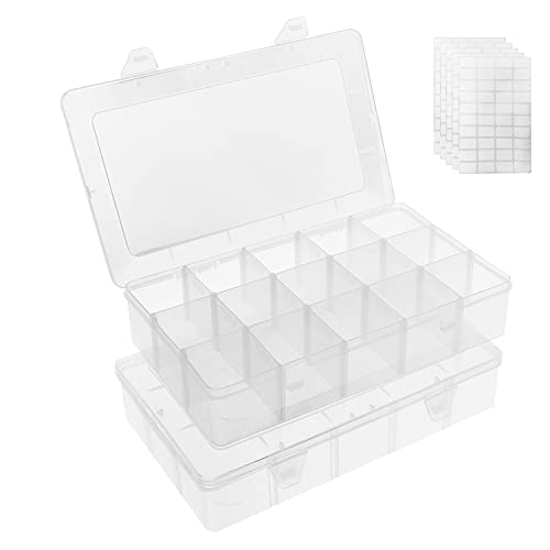 Umirokin Jewelry Removable Storage Box 2 Pack 15 Girds Container with Adjustable Dividers,Clear Plastic Organizer Box Storage Container Jewelry Box,Crafts Compartment Organizer, with Letter Stickers