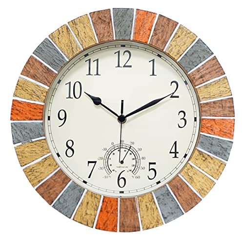 UMEXUS Indoor Outdoor Clock and Thermometer, 13 Inch Large Waterproof Weatherproof Wall Clocks, Retro Silent Non-Ticking Battery Operated Decor for Garden Kitchen Bathroom