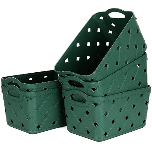 ASelected 5 Pack Plastic Woven Storage Basket with Handles, Small 24x16x14cm, Beautiful Fashionable, Skin Pattern Cross Woven, for Kitchen, Living Room, Office, Bathroom, Bedroom, (Green)