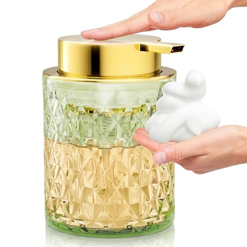 Foaming Hand Soap Dispenser, Glass Foaming Soap Dispenser, Refillable Clear Pump Bottles for Liquid or Lotion, Crystal Decorative Handwash Dispenser for for Bathroom, Kitchen, Green