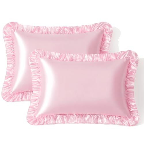 SiinvdaBZX Ruffled Queen Satin Pillowcase Set of 2, Blush Pink Silky Satin Pillow Cases for Women Ruffle Pillow Shams Covers Princess Room Decoration, with Envelope Closure