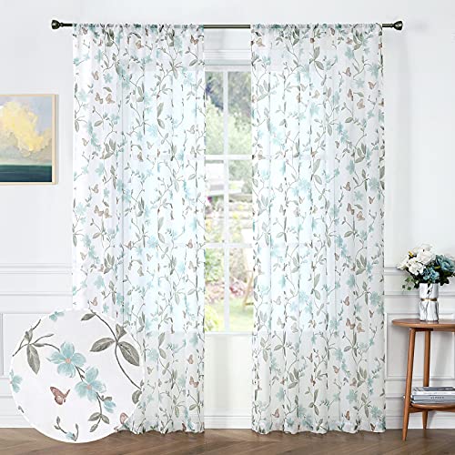 Tollpiz Faux Linen Curtains for Bedroom Blue Flowers and Butterflies 2 Panels