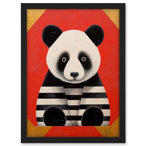 Artery8 Panda with Stripes Fun Kids Bedroom Baby Nursery Bright Bold Artwork Red Black White Artwork Framed A3 Wall Art Print
