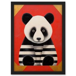 Artery8 Panda with Stripes Fun Kids Bedroom Baby Nursery Bright Bold Artwork Red Black White Artwork Framed A3 Wall Art Print