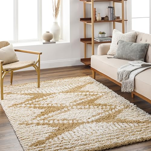 Livabliss Tuzla Shaggy Rug - Modern Berber Rugs Living Room, Large 200x290 cm, Soft Shaggy Rugs for Bedroom - Neutral Boho Fluffy Rug, Easy Care Plush Thick Pile - Mustard and White