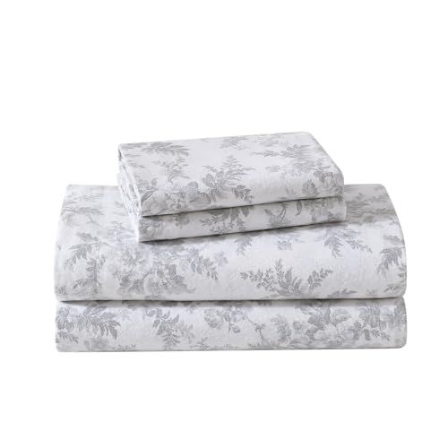 Laura Ashley - Queen Sheet Set, Cotton Flannel Bedding, Brushed for Extra Softness & Comfort (Vanessa Grey, Queen)