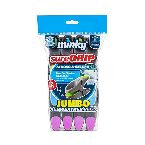 12 Minky Sure Grip Jumbo Clothes Pegs. Extra Large and Weather Resistant. For duvets, sheets and heavy bulky item drying