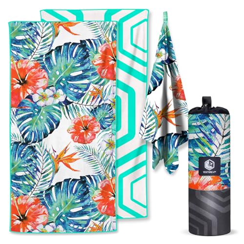 VENTURE 4TH Microfiber Beach Towel: Quick-Dry, Compact, Sand-Free, Absorbent, Sandproof and Lightweight - Perfect for Camping, Beach, and Roadtrips (Tropical Scent Design - 35x78 inches)