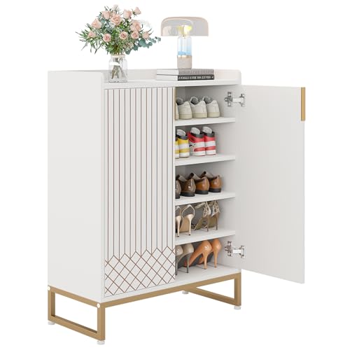 LITTLE TREE Modern White Shoe Cabinet with Doors for Up to 25 Pairs, 5-Tier Wood Shoes Rack Organizer for Entryway Bedroom Hallway Living Room