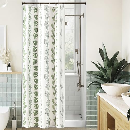 Lino Rosa 36x72 Inch Sage Green Watercolor Plant Leaves Shower Curtain for Bathroom Water Repellent Fabric Drapes with Hooks Sets