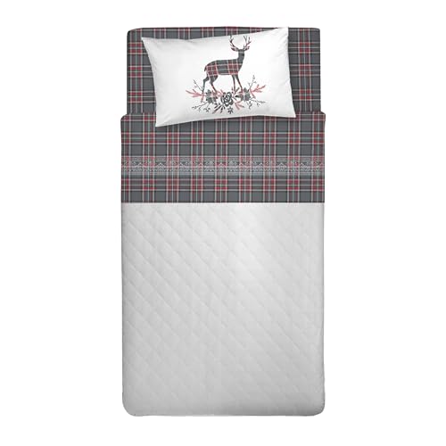PENSIERI DELICATI Single Bed Set, 100% Cotton, Single Bed Sheet Set, 90 x 200 cm, Including Bottom Sheet, Top Sheet and 1 Pillow Case, Made in Italy, Anthracite Deer Tartan