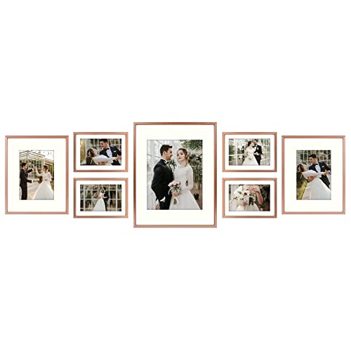 Golden State Art, Picture Frame Set 7 Pack, Gallery Wall Frame with One 11x14, Two 8x10, and Four 5x7. Aluminum Photos Frame for Wall or Tabletop Display (Style 1, Rose Gold, 7 Pack)
