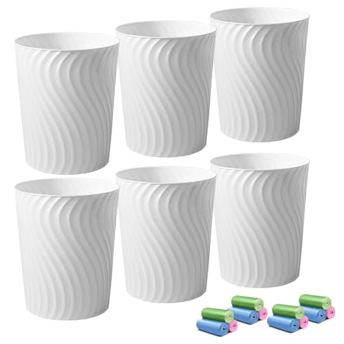 YGJT Small Trash Can, 6 Pack 1.8 Gallons Bathroom Trash Can with Trash Bags - Slim Waste Basket, Round Garbage Can, Plastic Trash Bin for Kitchen, Dorm, Bedroom, Office, Living Room-Compact Spaces(White)