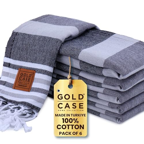 GOLD CASE HOME COLLECTION Olympos Turkish Hand Towels for Bathroom Set of 6-100% Cotton Luxury Decorative Towels - Kitchen & Hotel Hand Towel for Spa, Face, Tea & Dishcloth - 20 x 40, Black