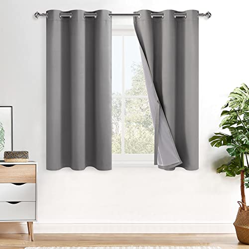 XWZO Total Blackout Curtains 2 Panels with Tiebacks- Double Layers Heat and Full Light Blocking Window Panels with Grommets for Short Kitchen Windows, Grey, W38 x L54, Set of 2