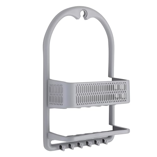 Bath Bliss Molded Shower Caddy - Bathroom Storage - Hangs Over Shower Head - 6 Accessory Hooks - Holds Razors - Washcloths - Accessories - Suction Cup Stability - Grey